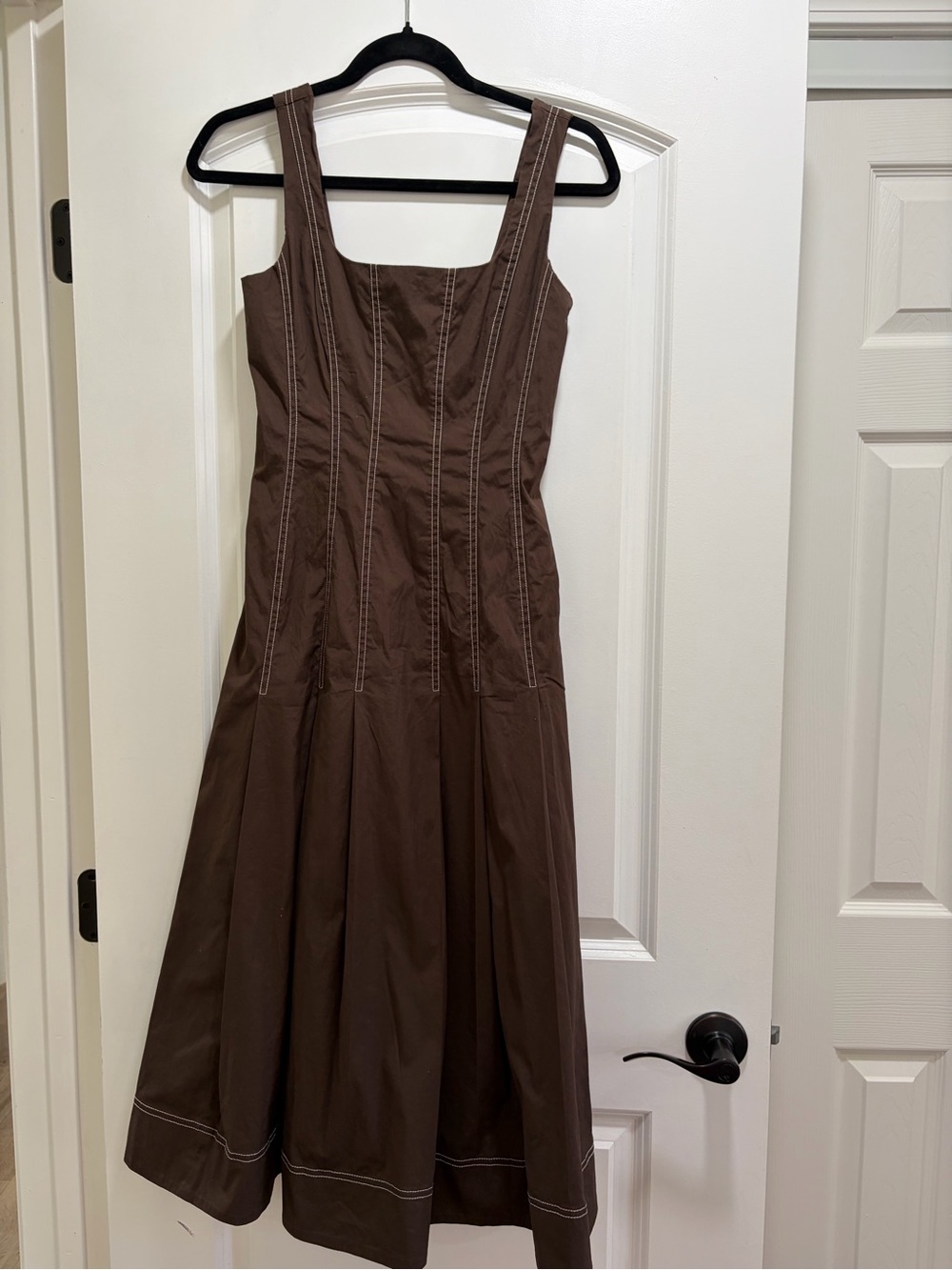 Veronica Beard Jolie Cotton Poplin Midi Dress Dark Mocha Brown Contrast Stitch
